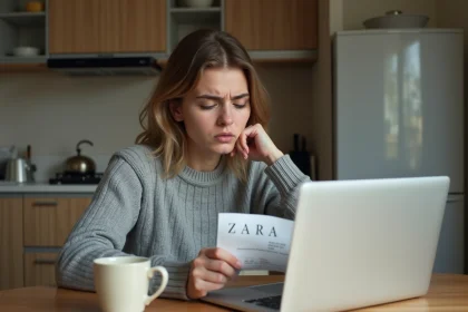 Femme frustrée tenant un reçu ZARA froissé devant son ordinateur portable, cherchant à résoudre un remboursement non effectué après un retour