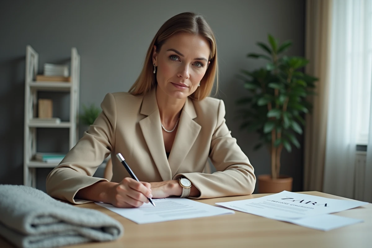 Femme en blazer rédigeant une lettre de réclamation formelle à ZARA concernant un retour non remboursé, entourée de documents de commande