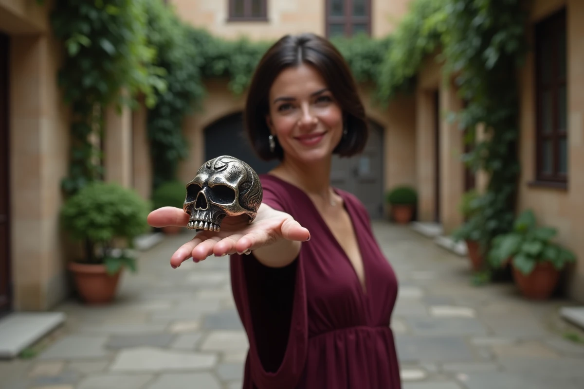 Femme en robe bordeaux affichant avec élégance une bague tête de mort gothique dans une cour en pierre européenne