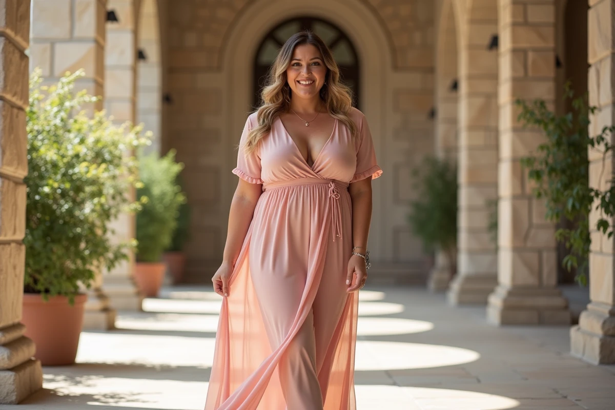 Femme confiante en robe chiffon rose dans un lieu de mariage