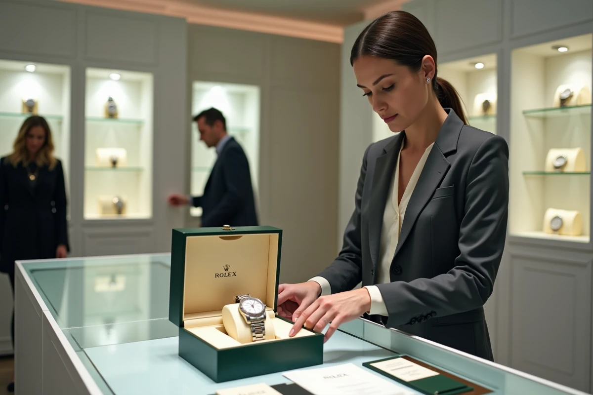 Femme professionnelle en blazer charbon rangeant une Rolex Day-Just dans son écrin d'origine avec certificat de garantie dans une boutique de luxe
