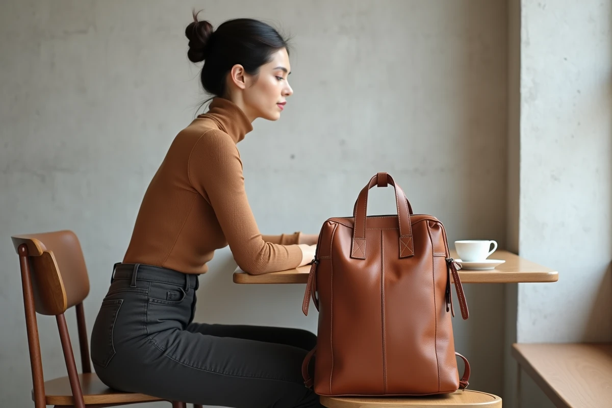 Femme assise dans un café minimaliste avec un sac à dos en cuir cognac posé à côté d'elle, look chic et épuré