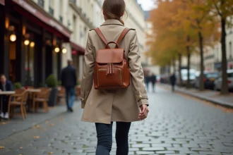 Femme élégante portant un sac à dos en cuir cognac dans une rue parisienne pavée en automne
