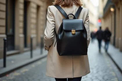 Femme élégante portant un sac à dos minimaliste en cuir noir dans une rue pavée parisienne, style chic et discret