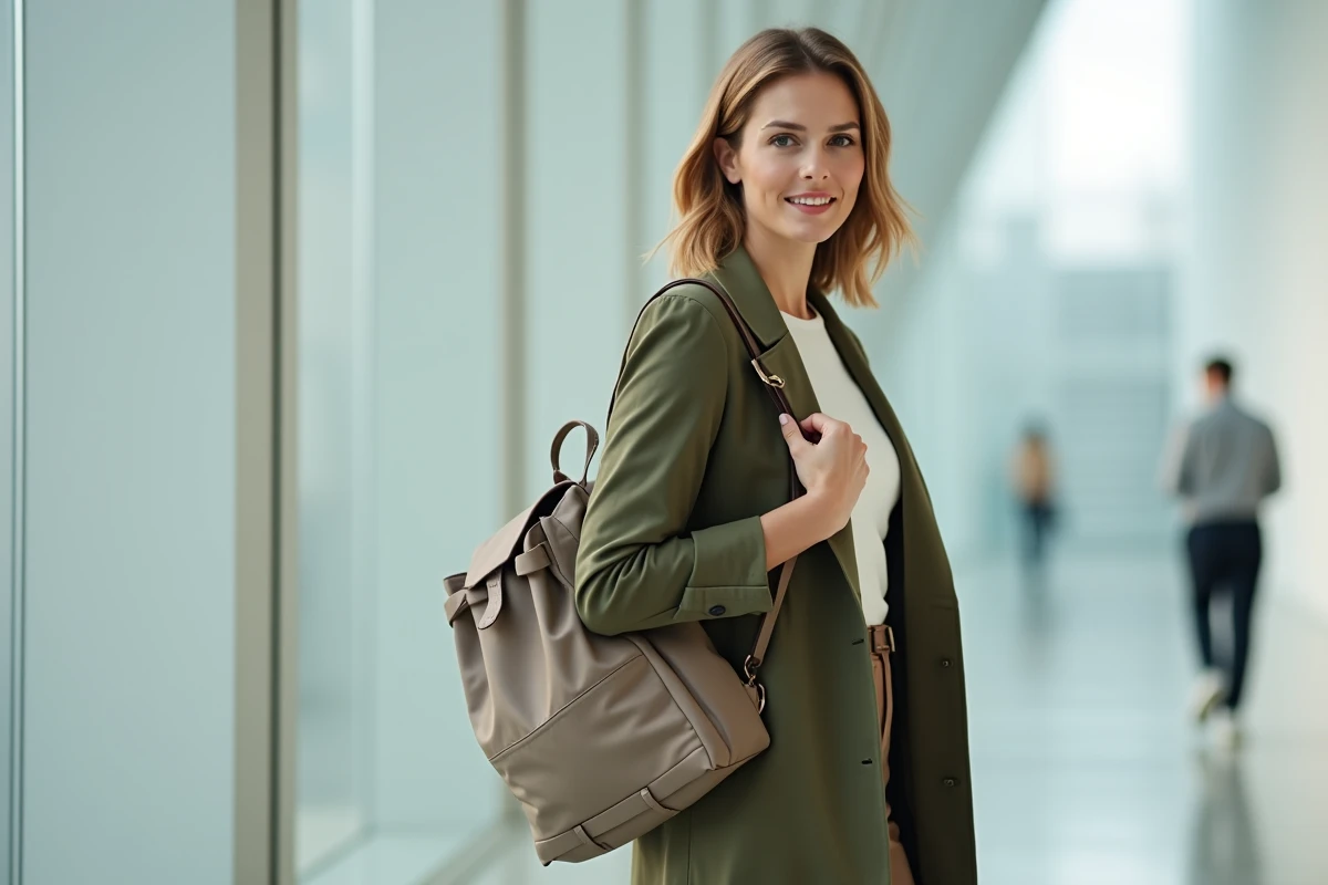 Femme dans un espace d'exposition moderne ajustant la bretelle de son sac à dos minimaliste taupe, style chic et contemporain
