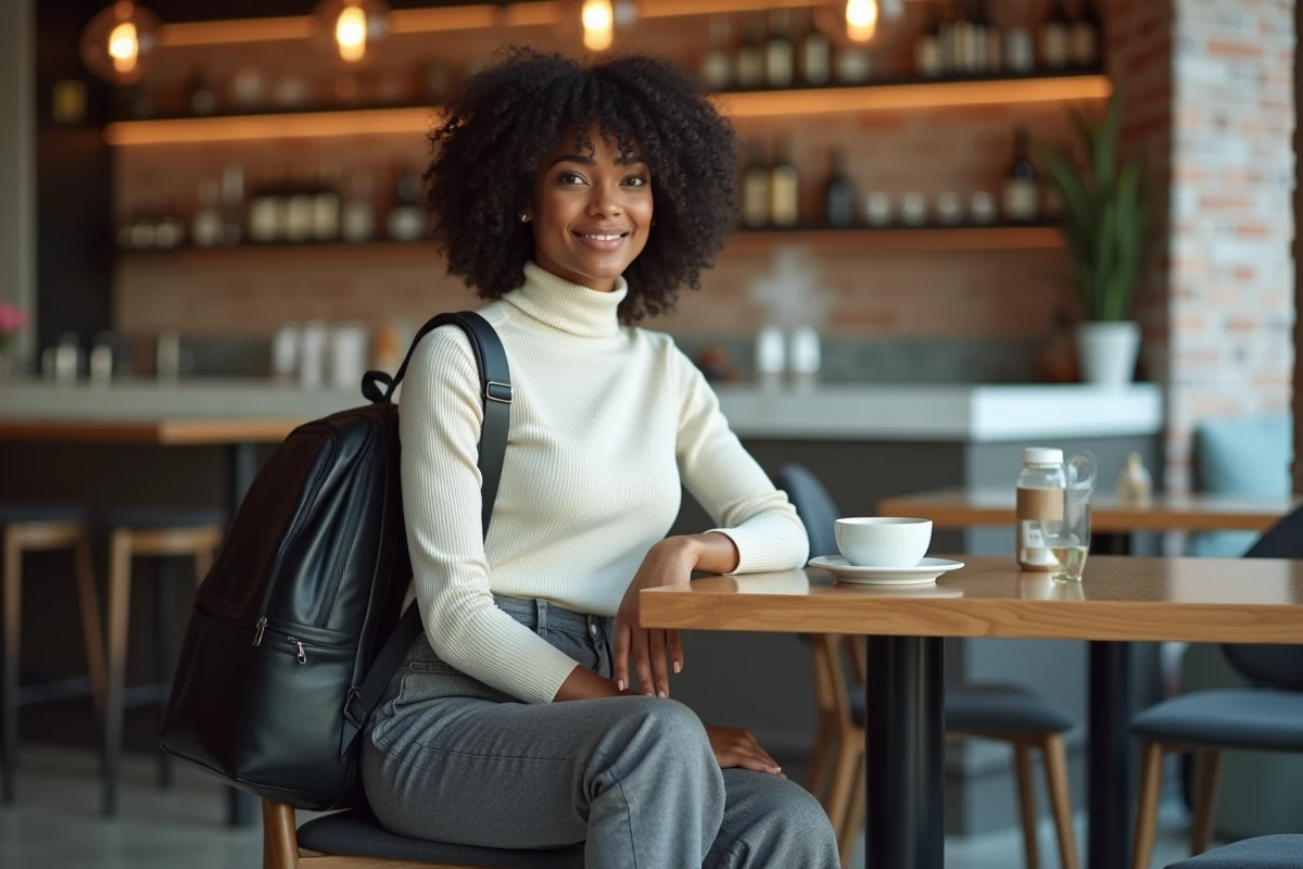 Femme assise dans un café parisien avec un sac à dos minimaliste noir posé sur sa chaise