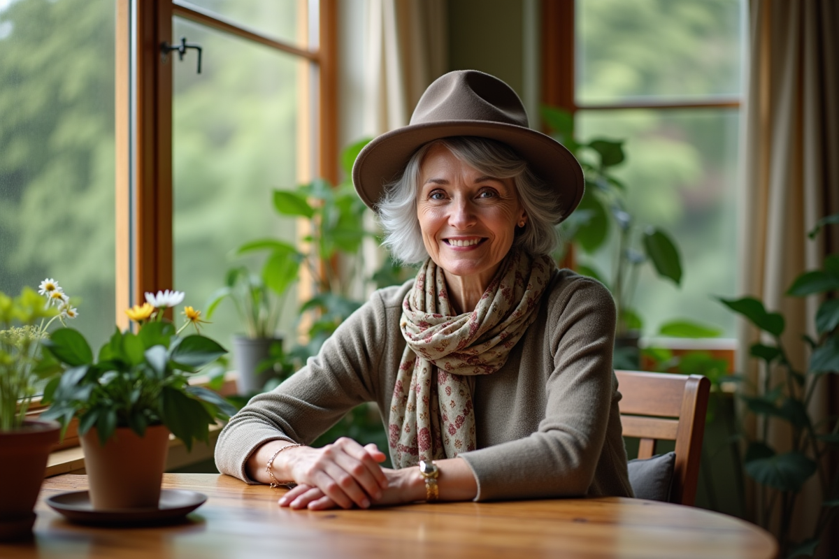 Femme souriante avec chapeau et foulard dans un salon lumineux