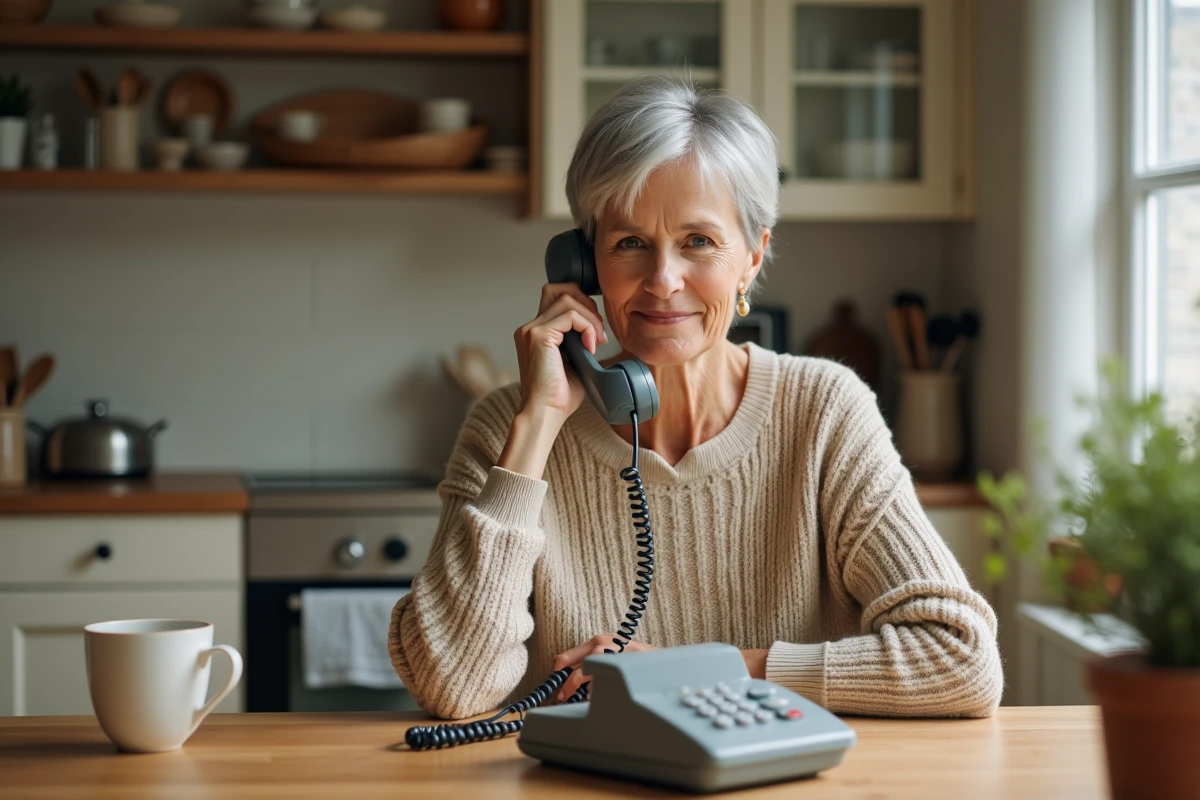 Femme senior en pull beige téléphonant au service client Damart depuis sa cuisine