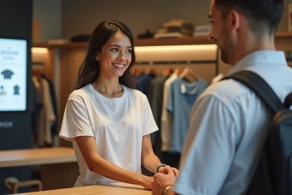 Femme jeune adulte avec t-shirt &agrave; la caisse