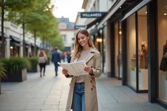 Femme souriante avec trench et carte devant boutique