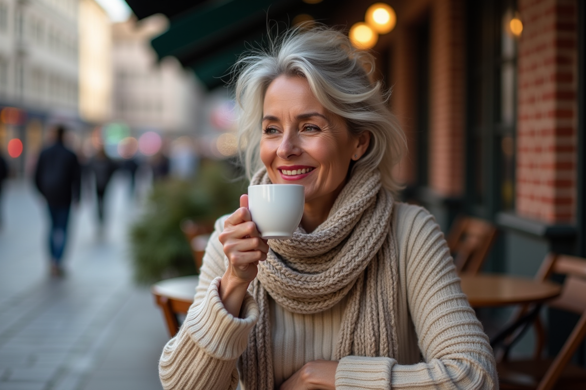 Femme sirotant un café en terrasse en extérieur