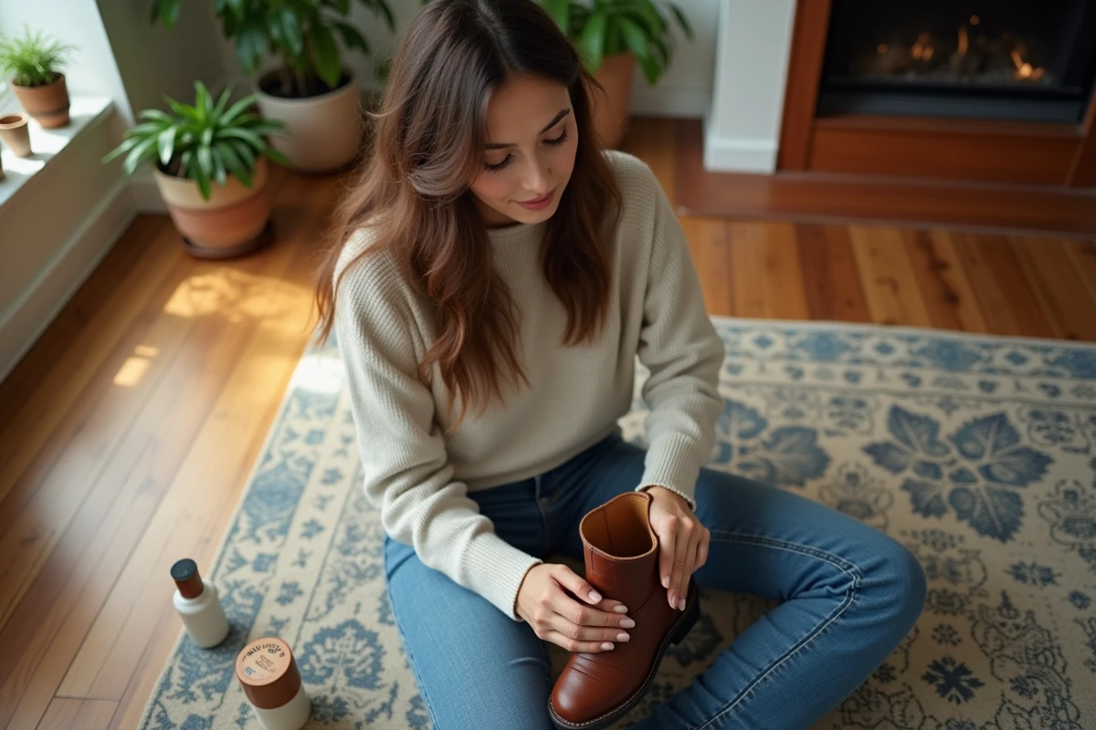 Jeune femme massant une chaussure en cuir à la maison