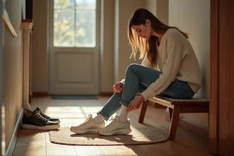 Jeune femme retire ses baskets dans un couloir lumineux