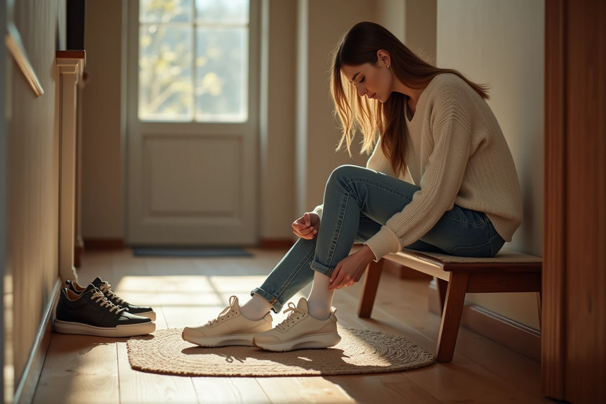 Jeune femme retire ses baskets dans un couloir lumineux