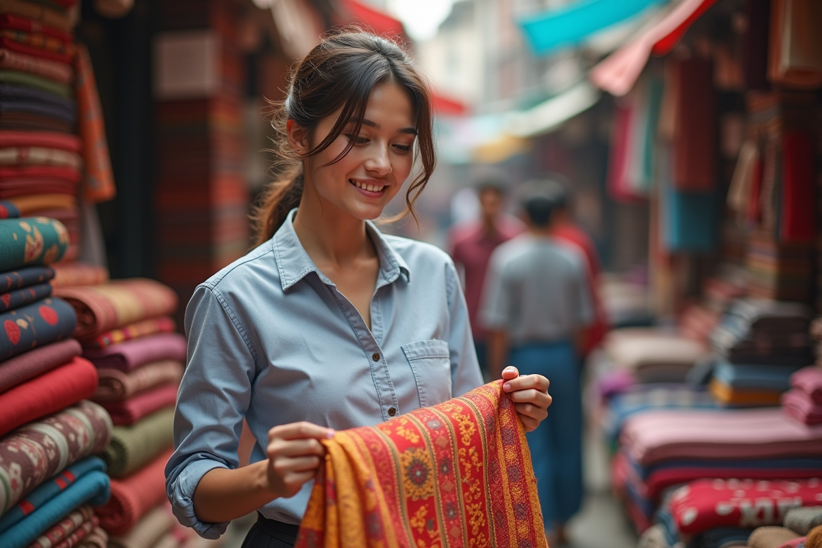 Femme inspectant un tissu coloré dans un marché textile