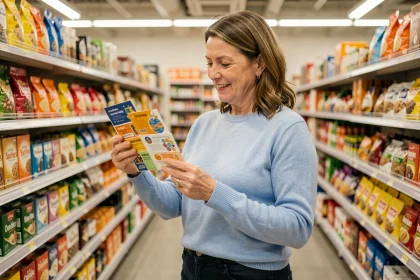 Femme tenant des vignettes Intermarché dans un rayon de supermarché pour obtenir des réductions Armor Lux