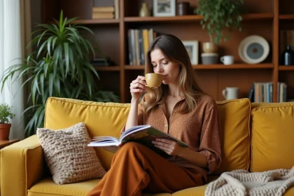 Femme d&eacute;tendue dans un salon vintage avec sofa jaune et plantes