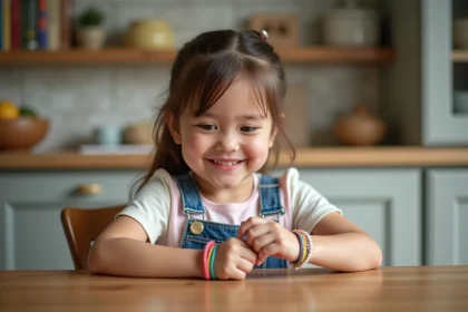 Jeune fille examine un bracelet coloré à son poignet