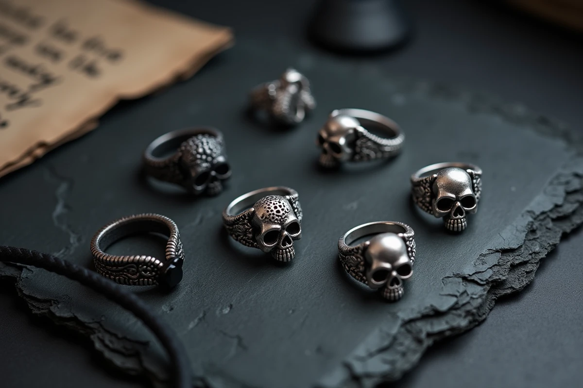 Flat lay de trois bagues tête de mort gothiques en argent et laiton sur ardoise sombre, style éditorial bijoux