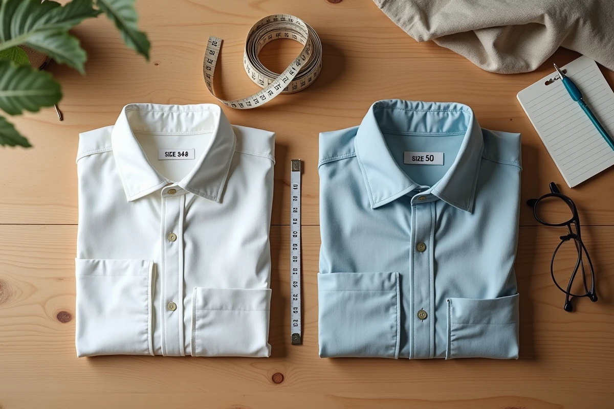Flat lay de deux vêtements taille 48 et 50 avec un mètre ruban et des notes de mensurations sur une table en bois