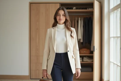 Femme élégante en blazer crème devant une armoire minimaliste parisienne, illustrant une garde-robe chic et organisée au quotidien