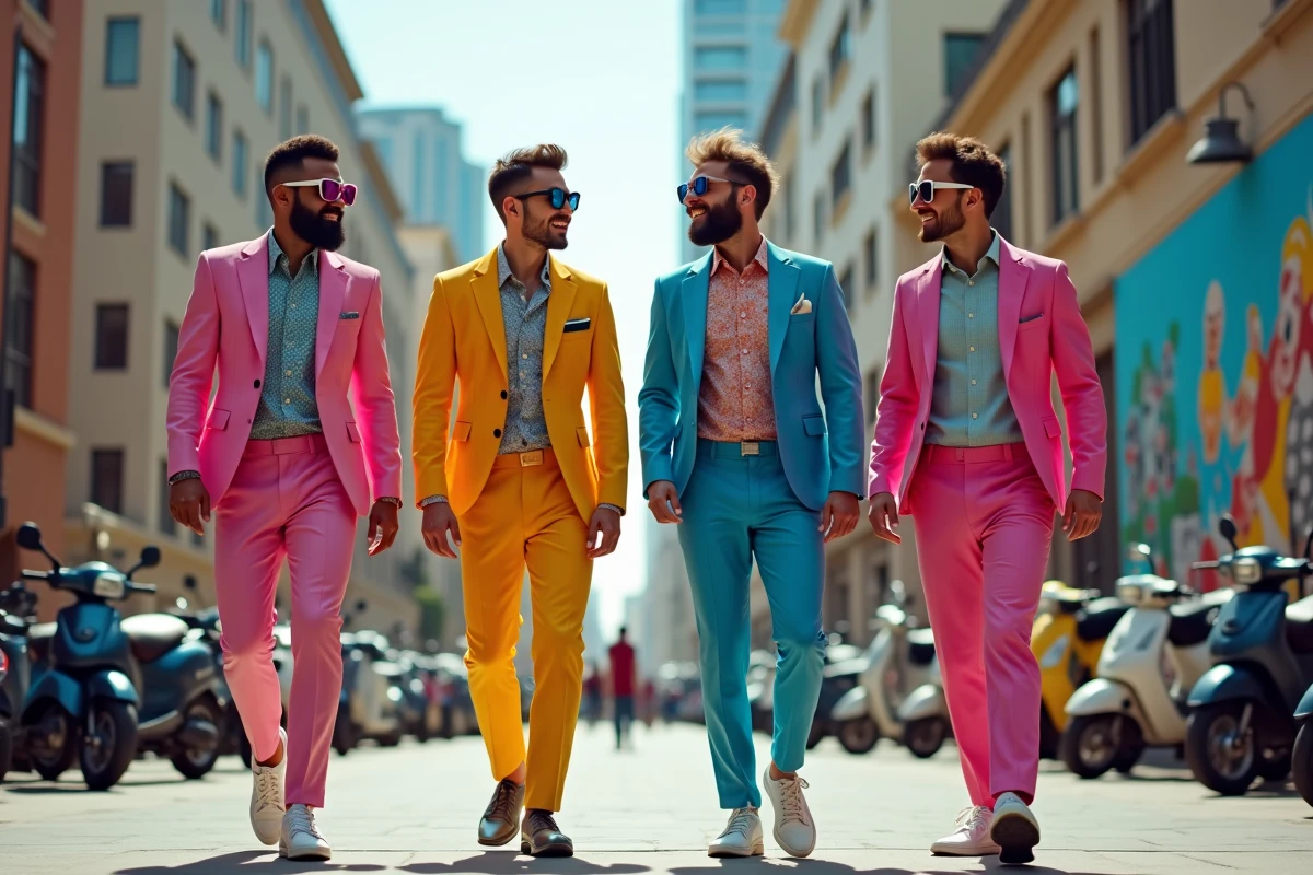 Groupe d hommes en tenues 80s dans une place urbaine dynamique