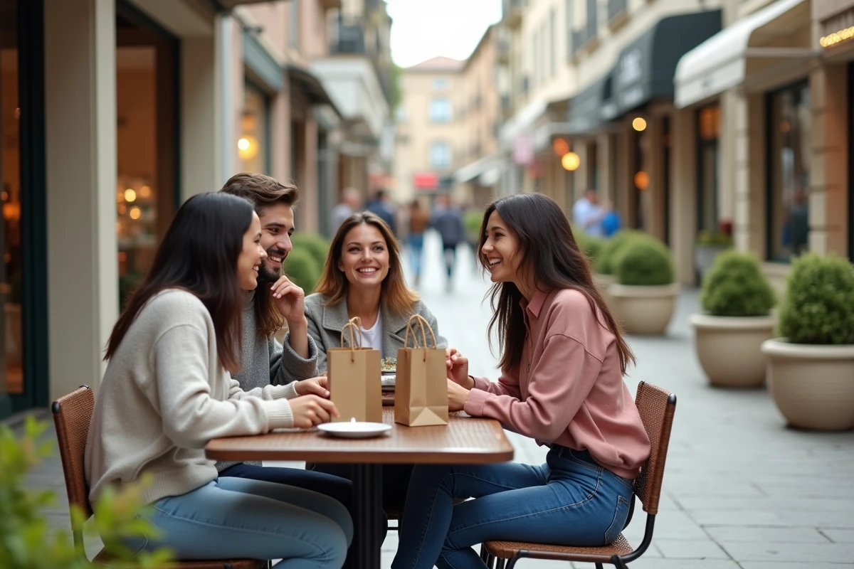 Groupe d amis discutant autour d un cafe en plein air