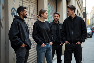 Groupe de jeunes adultes en streetwear 90s devant un mur graffite