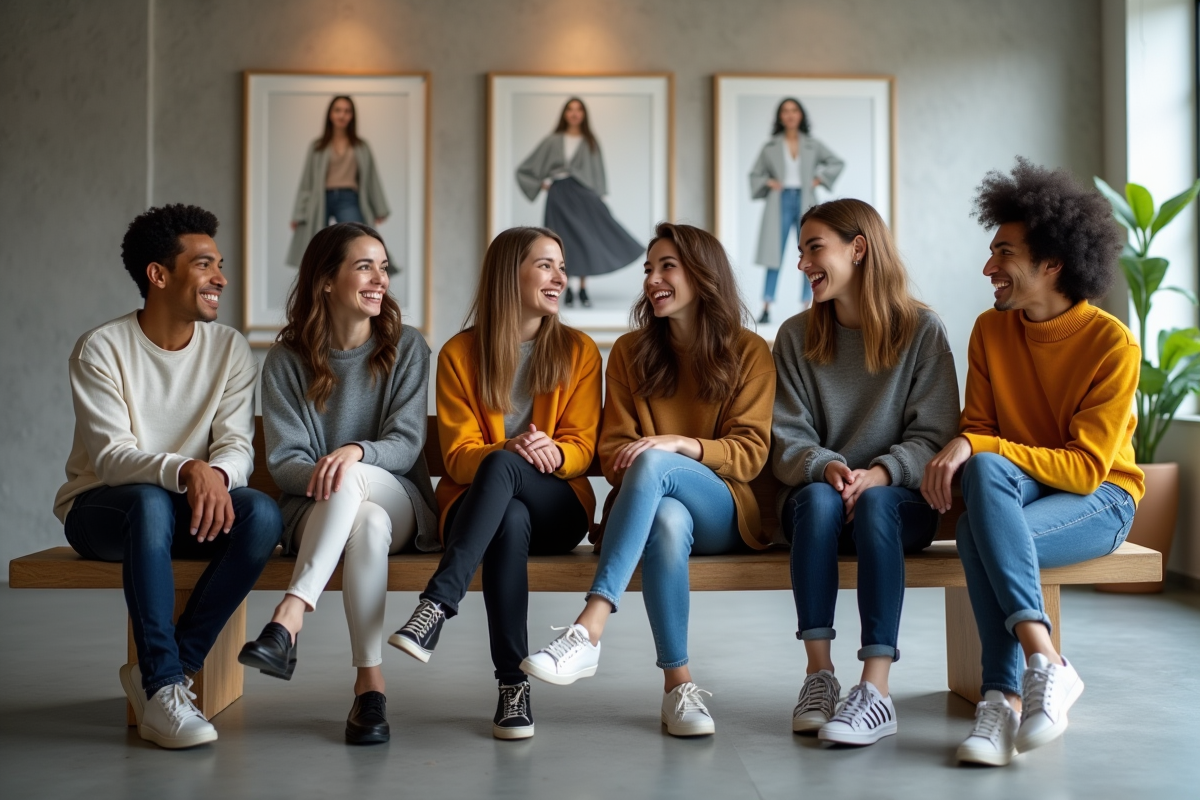 Groupe divers de models discutant dans une salle lumineuse