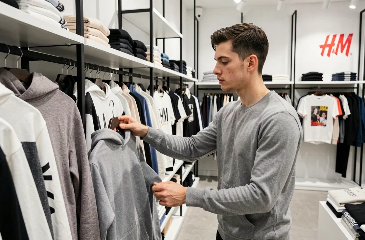 Jeune homme choisissant un sweat dans un magasin H&M en Seine-Saint-Denis
