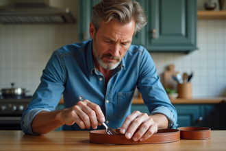 Homme d'âge moyen ajustant une ceinture en cuir dans la cuisine
