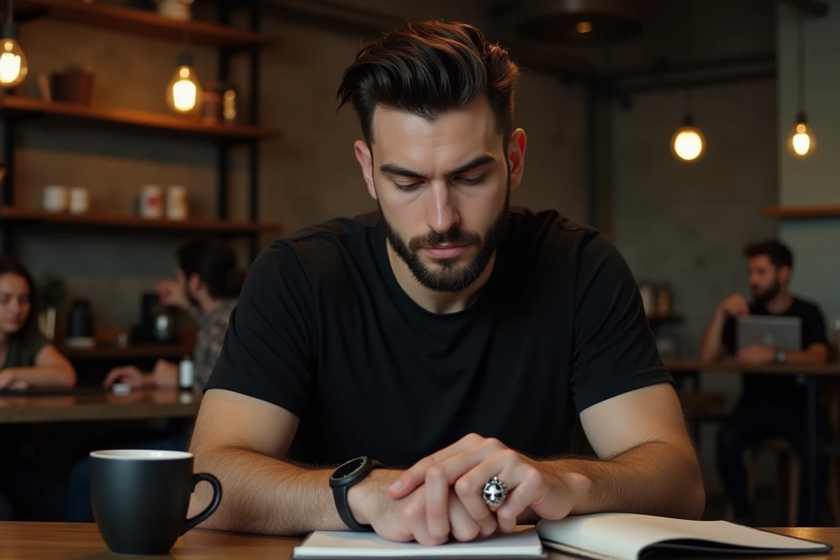 Homme en café portant une bague gothique tête de mort, style éditorial décontracté dans un coffee shop