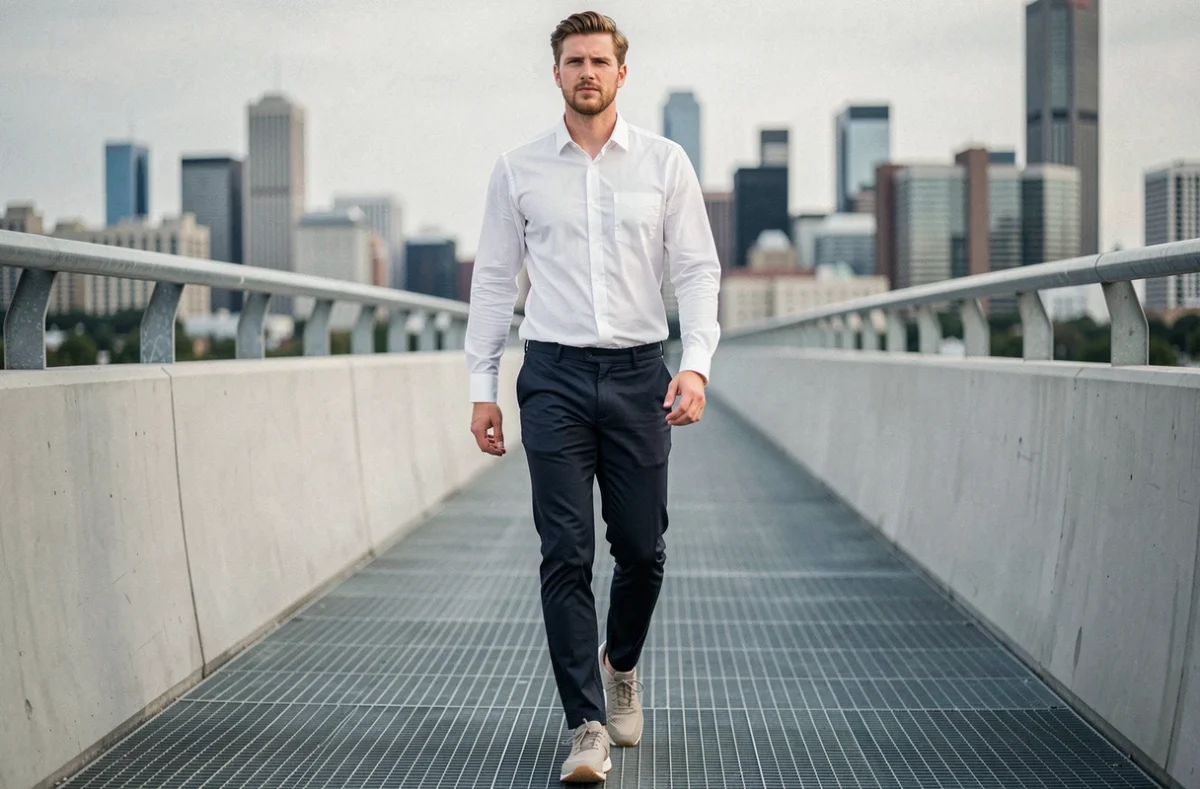 Homme portant des chaussures Billowy marchant sur une passerelle urbaine moderne avec des lignes architecturales épurées