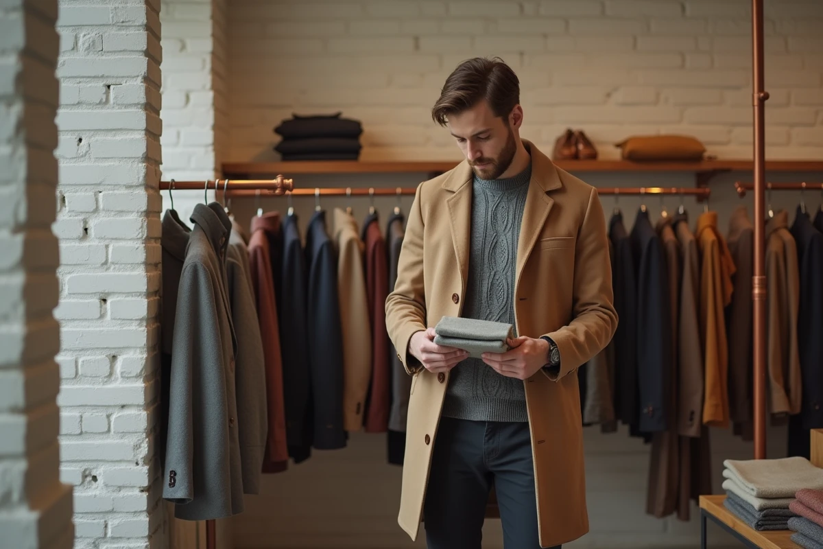Homme en manteau camel explorant les rayons d'une boutique de mode chic, illustrant le style vestimentaire masculin élégant au quotidien