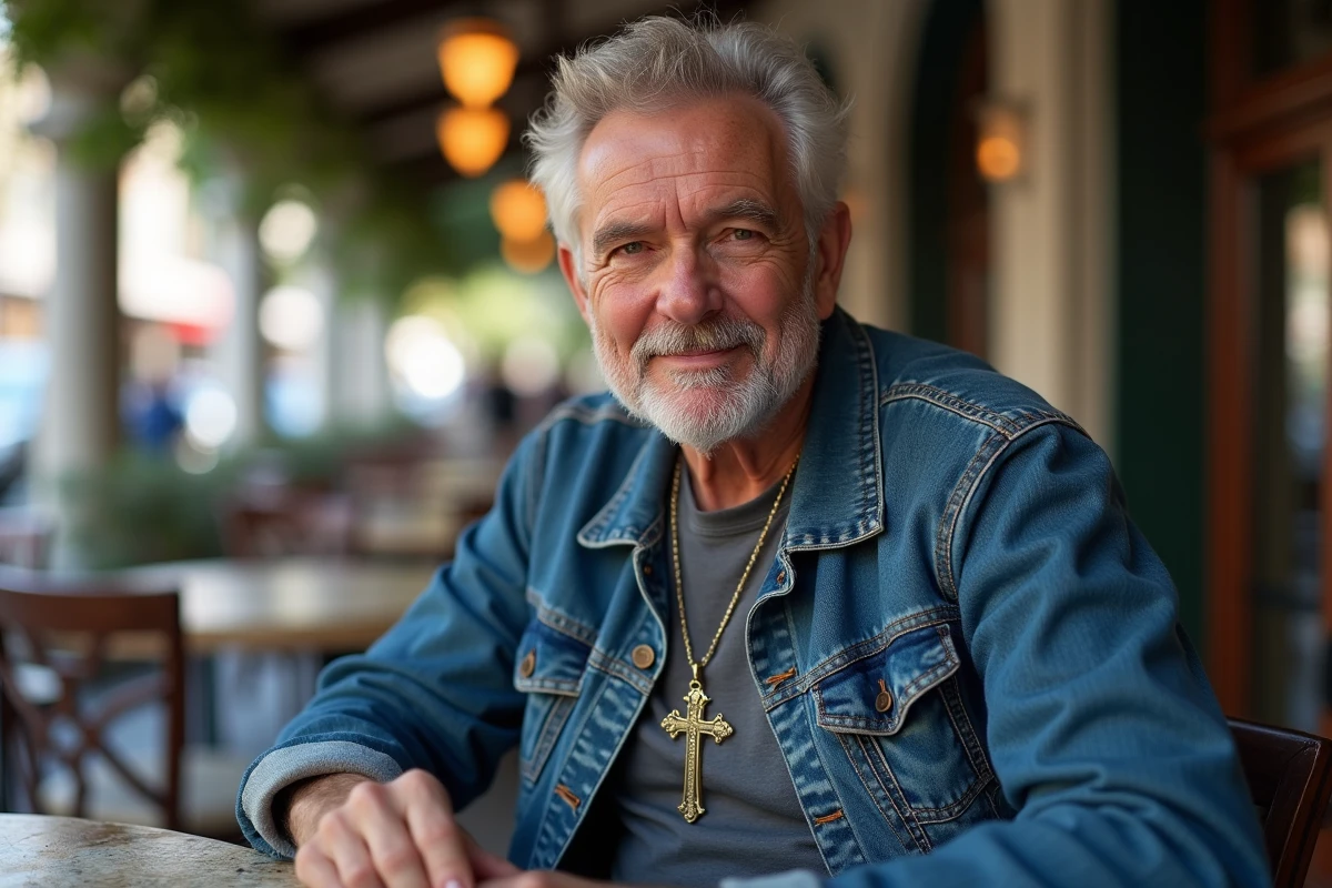 Homme mature dans un café portant un pendentif croix