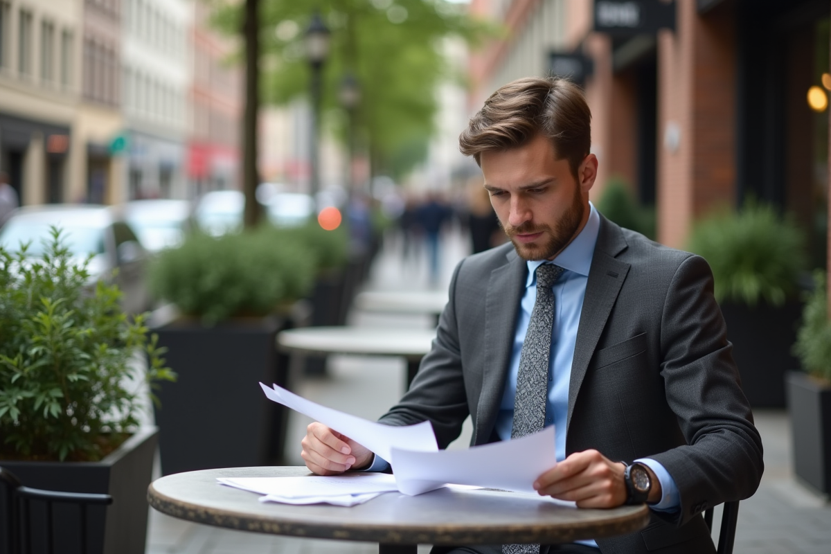 Jeune homme en costume au café en ville