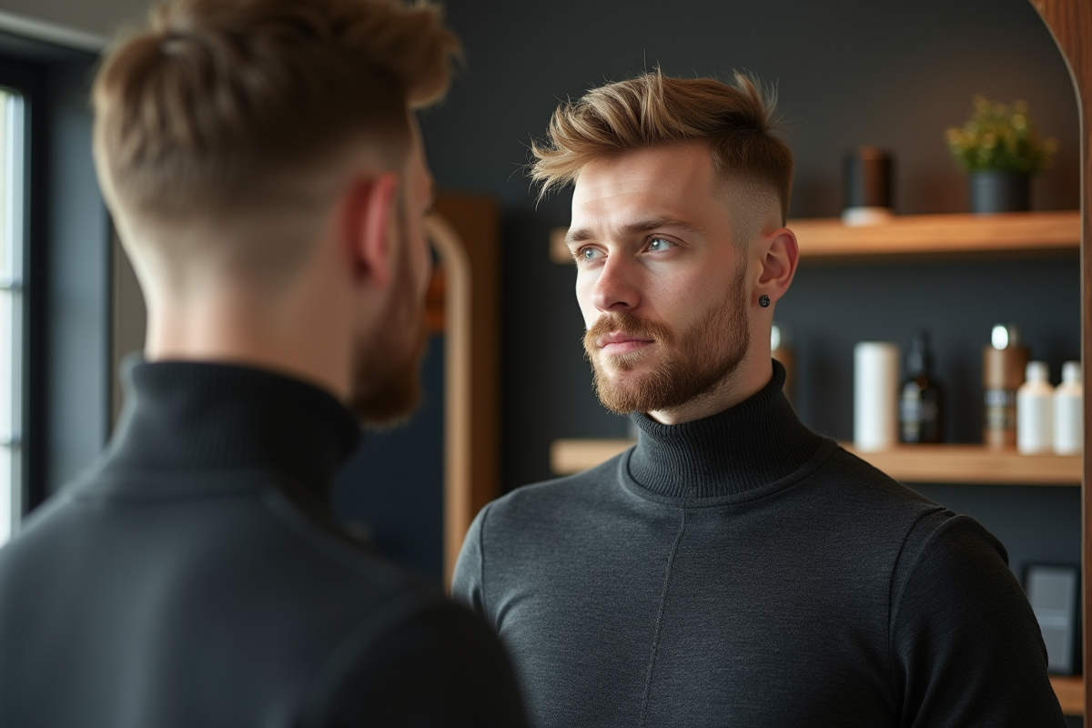 Jeune homme dans un salon de coiffure avec coupe ash blonde