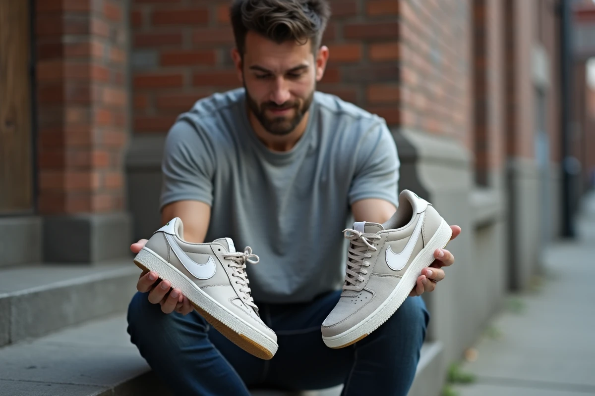 Homme comparant une Nike originale et une contrefaçon tenues dans chaque main dans un environnement urbain