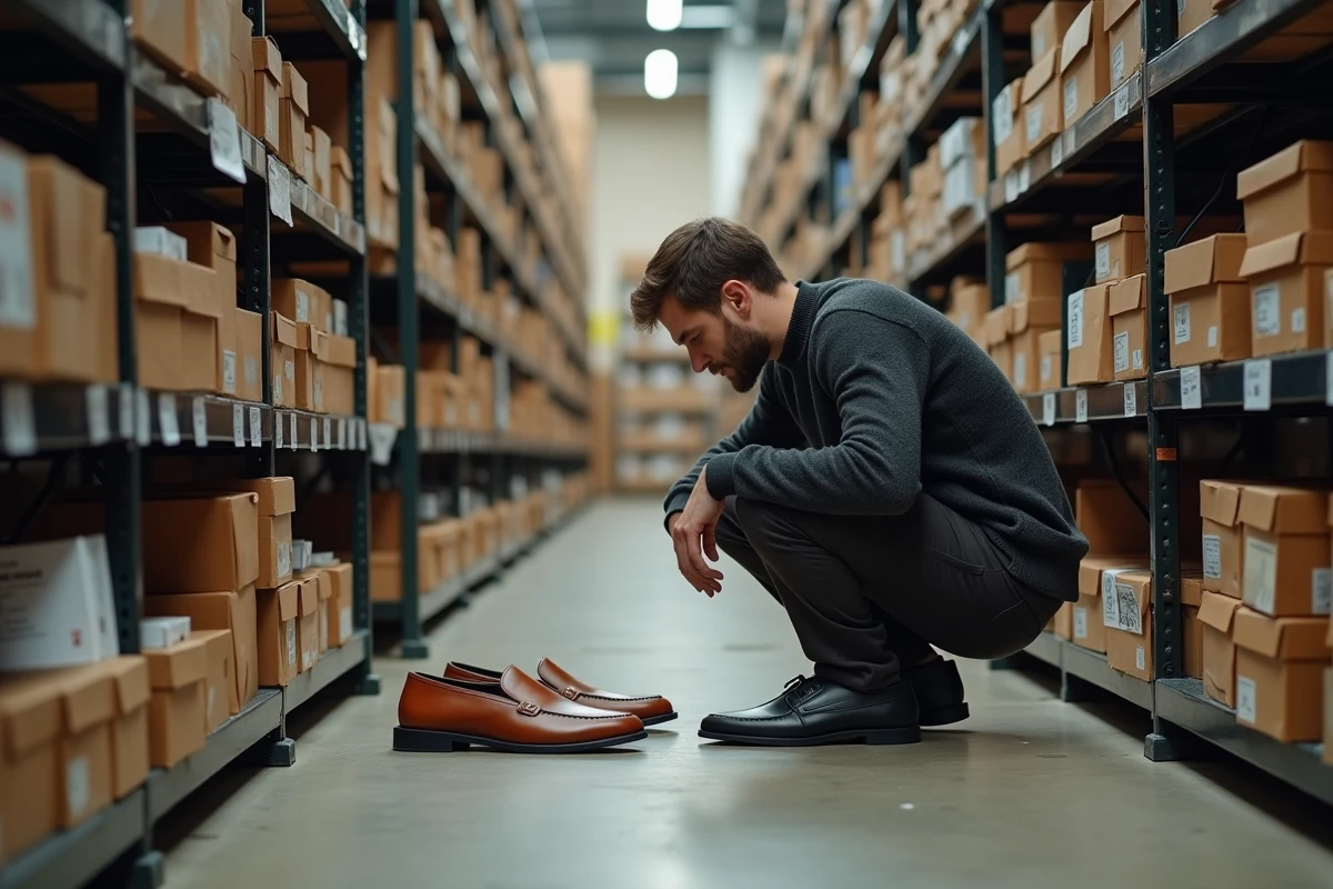 Homme comparant deux paires de sandales Arche en solde dans un magasin de déstockage