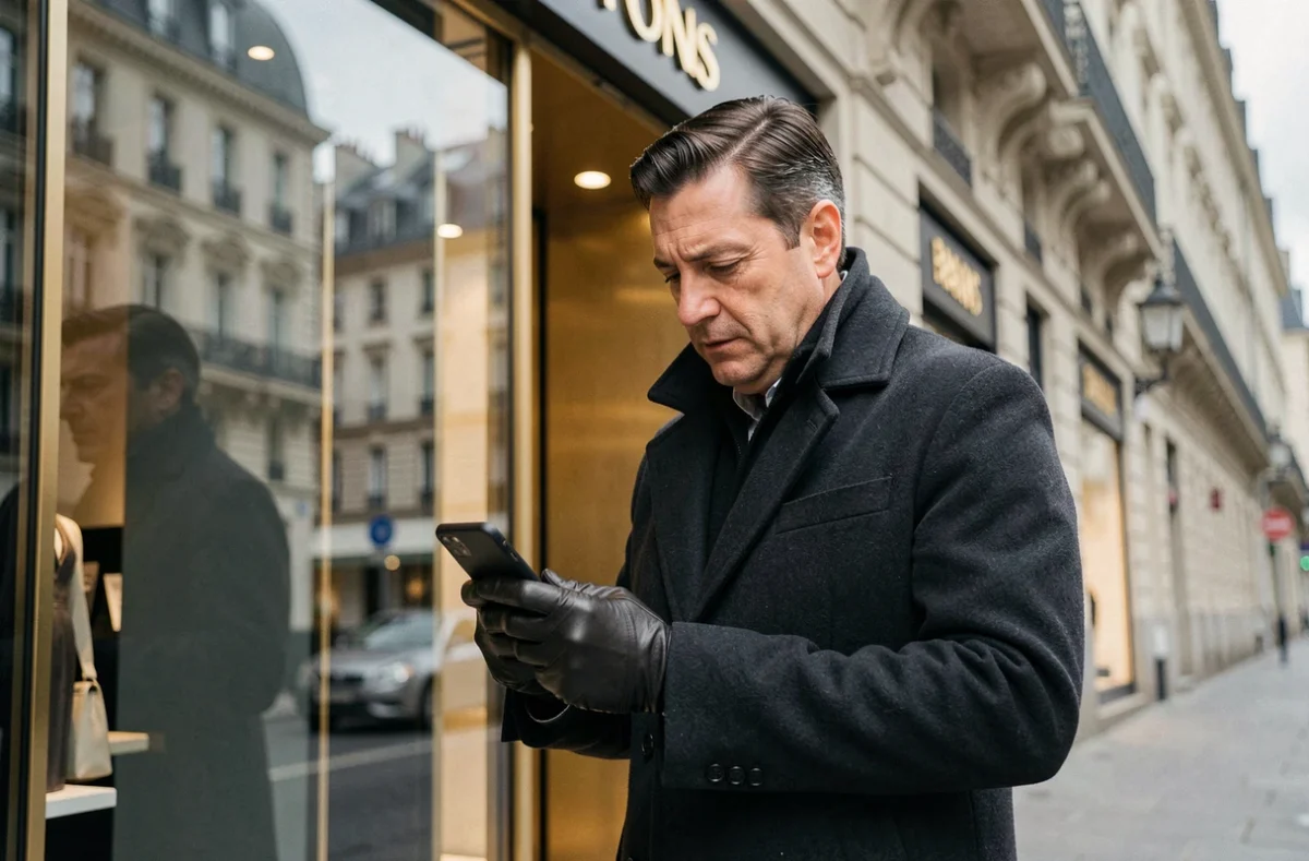 Homme consultant une liste de magasins sur mobile devant une boutique de luxe sur les Champs-Élysées à Paris