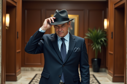 Homme en costume navy retire son fedora dans un hall élégant