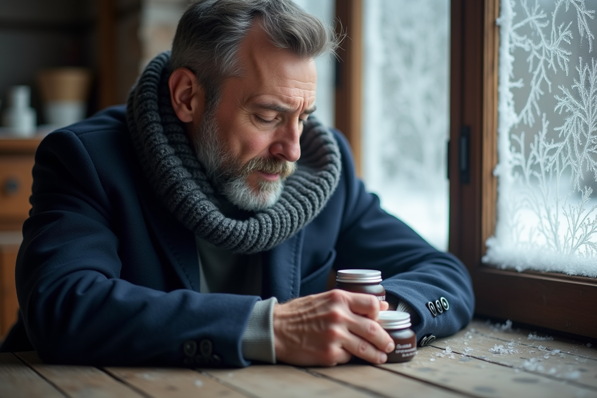 Homme examinant une creme visage devant une fenetre givree