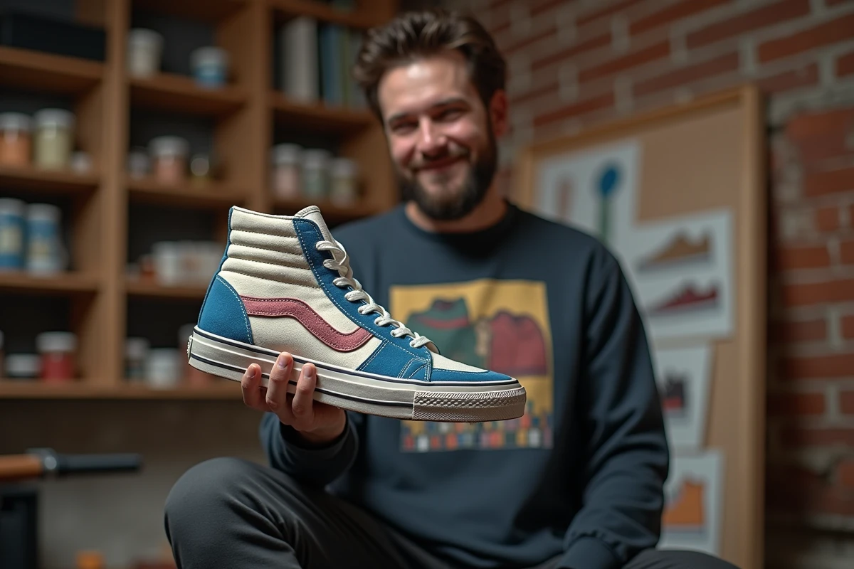 Homme tenant une basket high-top customis&eacute;e avec un motif g&eacute;om&eacute;trique peint &agrave; la main dans un espace cr&eacute;atif avec mur en briques