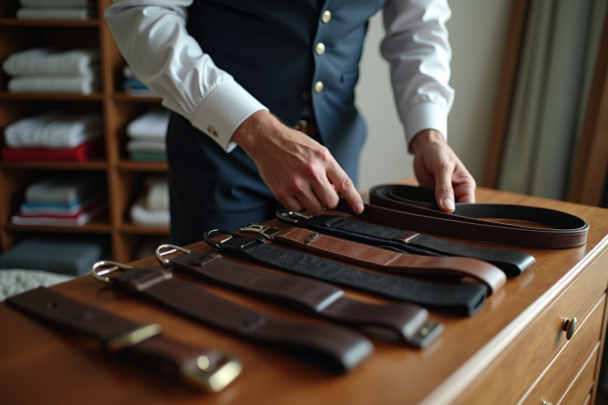 Homme sélectionnant une ceinture dans sa chambre