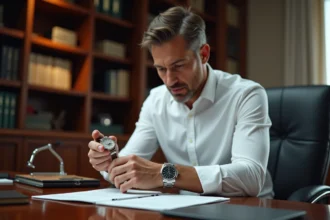 Homme en chemise blanche examinant attentivement une montre Rolex Day-Just avec des documents officiels sur un bureau en bois sombre