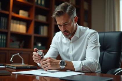 Homme en chemise blanche examinant attentivement une montre Rolex Day-Just avec des documents officiels sur un bureau en bois sombre