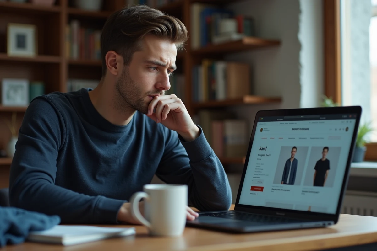 Homme consultant une fiche produit vêtement en ligne sur ordinateur portable, confus par la mention de marque générique