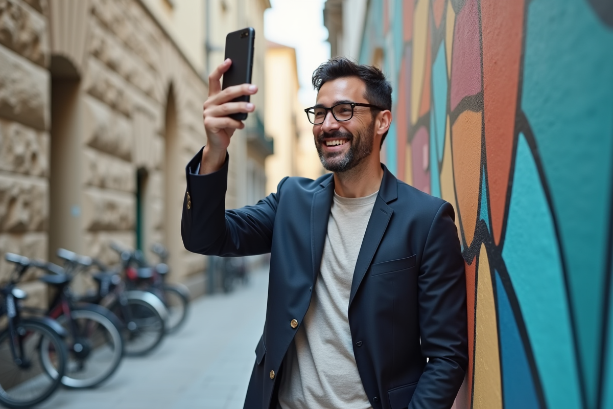 Homme enregistrant une vidéo devant un mur d