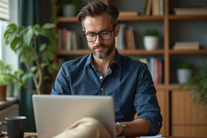 Homme en tenue d&eacute;contract&eacute;e lisant dans un appartement moderne