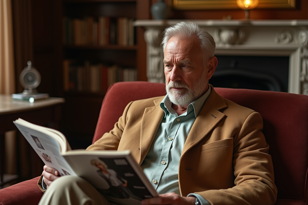 Homme en manteau camel dans un salon haut de gamme